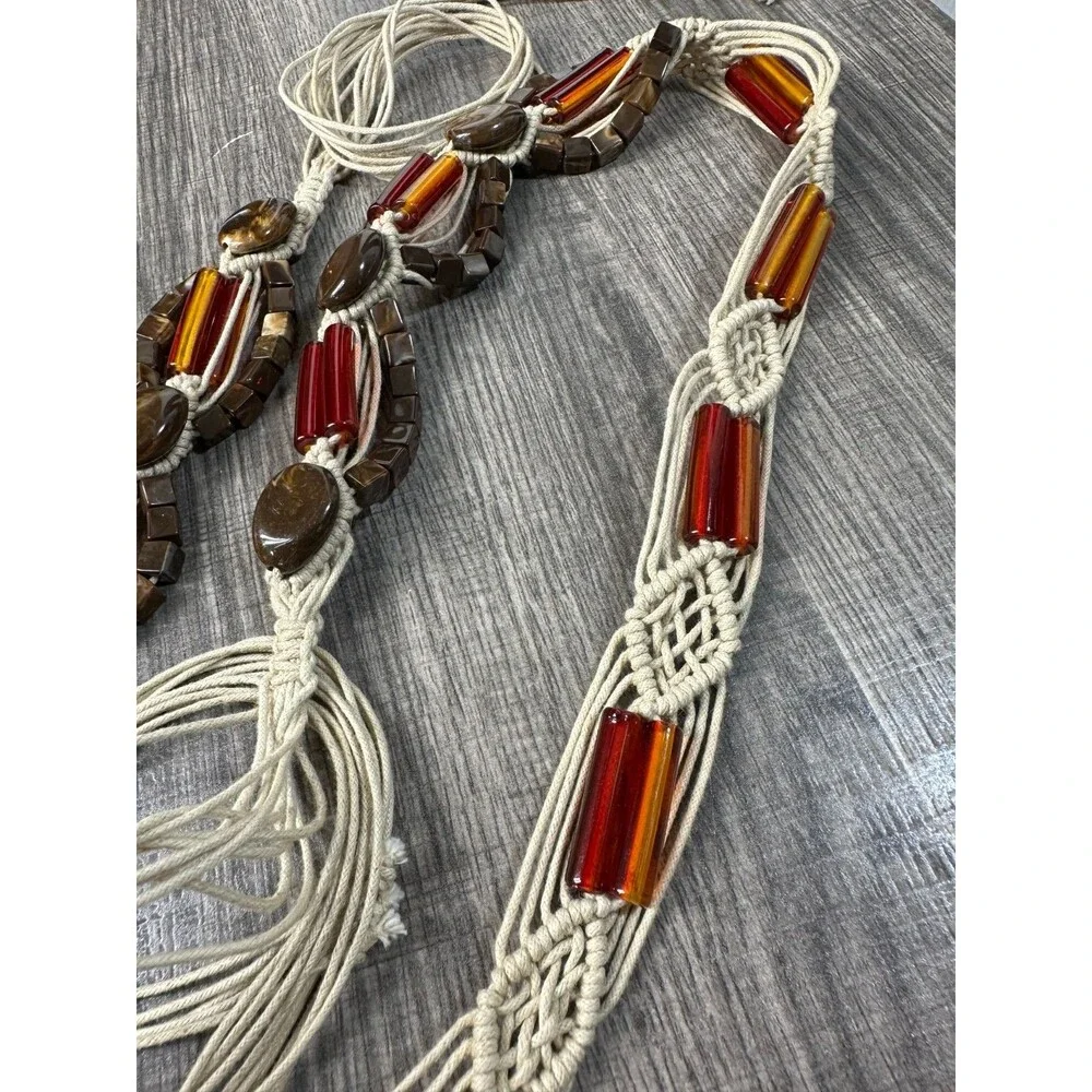 Women's Belt 77in Long 2in Wide Chunky Bead Earth Tone Woven Cords Tie Belt